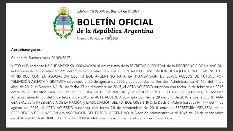 El anuncio del Gobierno en el Boletín Oficial.