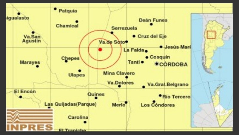 Informe geográfico del movimiento telúrico sentido con epicentro en Córdoba.