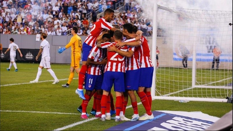 El festejo del Aleti en el histórico derby jugado en Estados Unidos. 