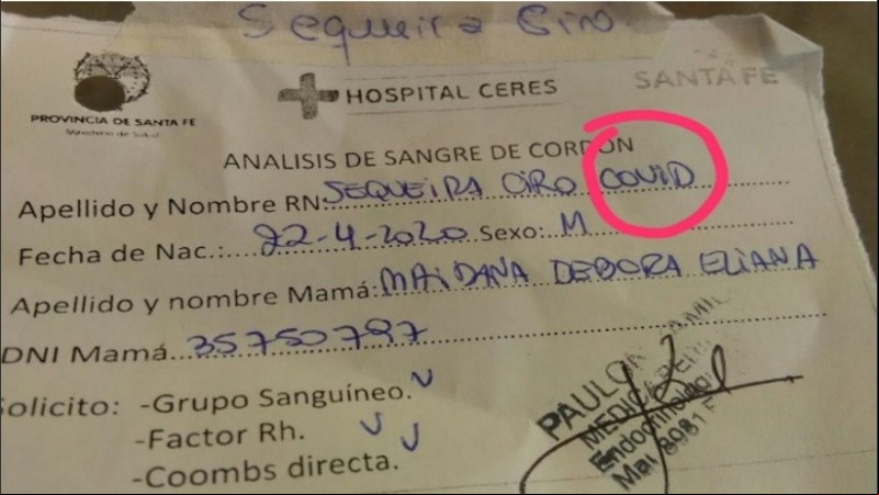 El certificado del hospital de Ceres donde consta el nombre del bebé.