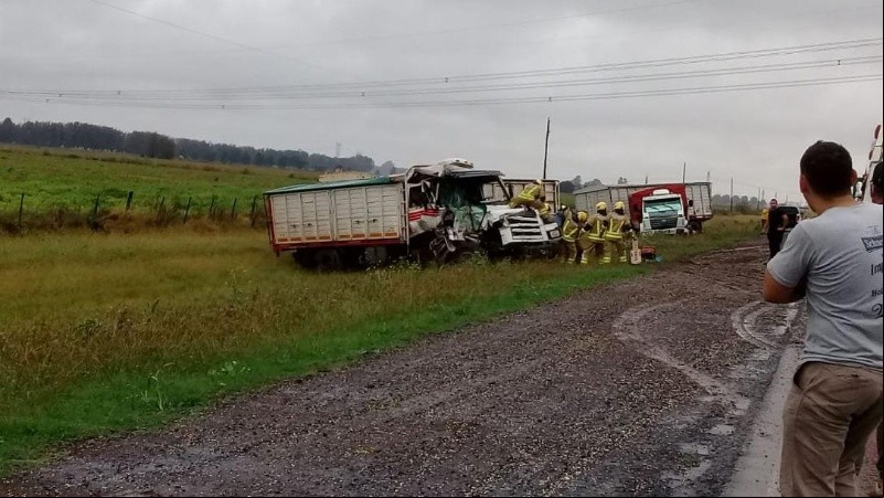 Los camiones al costado de la ruta después del choque fatal. 
