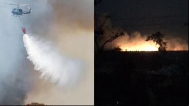 Las llamas de este miércoles a la noche y el trabajo de brigadistas durante la jornada.