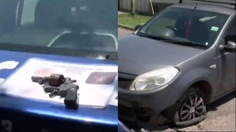 El arma calibre 22 secuestrada y el Renault Sandero que intentó robar el delincuente.