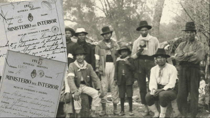 Imagen de la población de la Reducción de Napalpí y documentos históricos usados en el juicio.