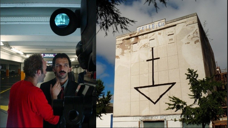  Zago junto al actor protagonista durante la filmación / el símbolo de un barco de frente que se emplaza frente a plaza Libertad