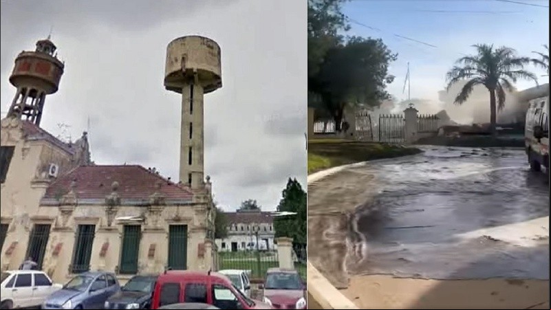 Así se veía el tanque de agua desde el frente en la cárcel / El predio inundado después de la caída del tanque.